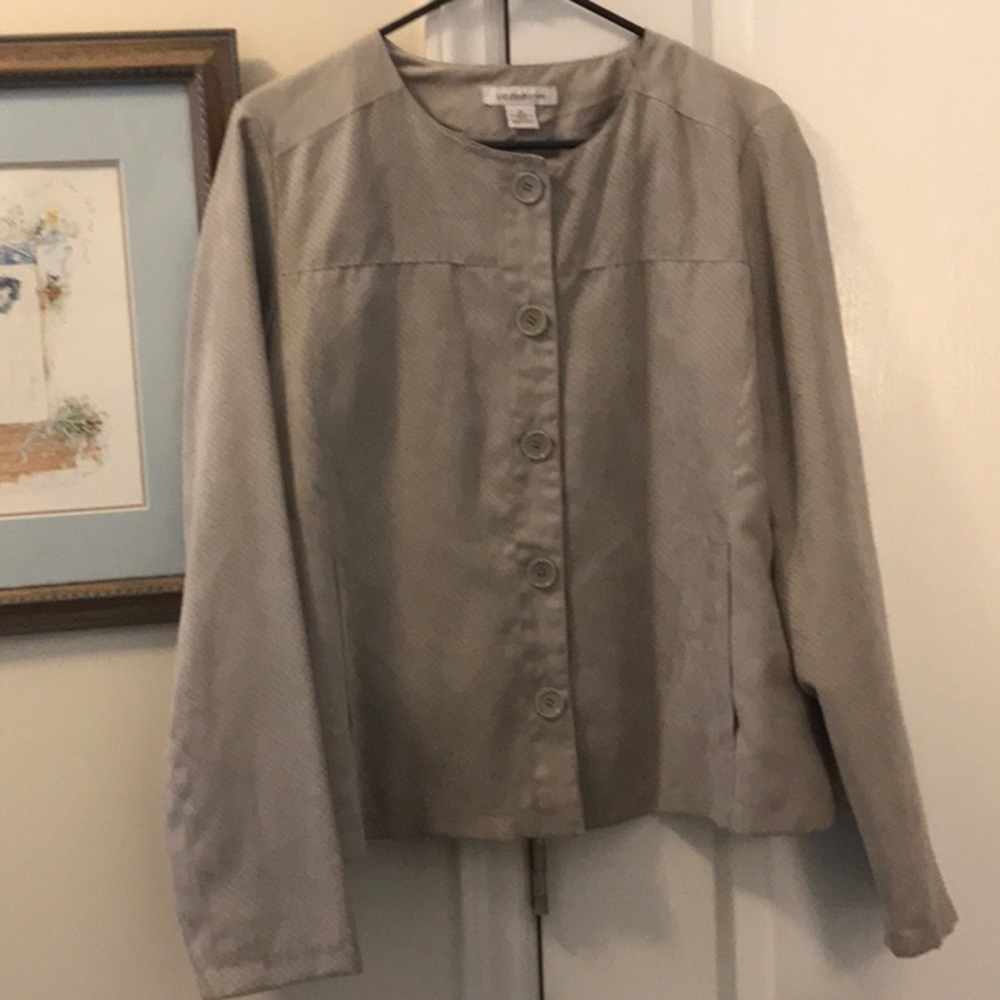 Pretty light grey jacket. Feels like micro suede